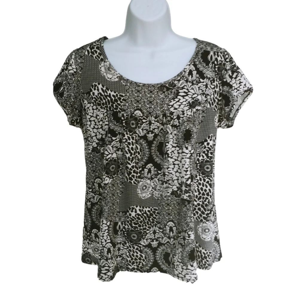 Clientele Babydoll Style Top  Black/White Floral M